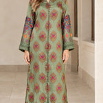 Bohemian Print Satin Maxi Kaftan Dress with Button Front