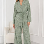 Women's Geometric Print Belted Blazer and Wide-Leg Pants Set