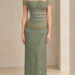 Off-the-Shoulder Beaded Fringe Column Evening Gown
