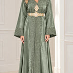 Elegant Embroidered Satin Kaftan Maxi Dress with Ornate Belt