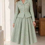 Elegant Pearl Embellished Tweed Blazer and Flared Midi Skirt Set