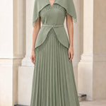 Elegant Beaded Capelet Pleated Maxi Evening Dress