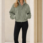 Women's Casual Full-Zip Suede-Look Stand Collar Bomber Jacket