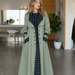 Contrast Plaid Trim Maxi Trench Coat with Buttoned Cuffs and Flap Pockets