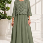 Crochet Lace Layered Maxi Dress with 3/4 Sleeves