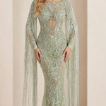 Beaded Cape Sleeve Mermaid Evening Gown with Fringe Tassels