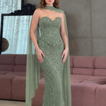 Strapless Sweetheart Sequin Mermaid Evening Gown with Chiffon Cape Scarf