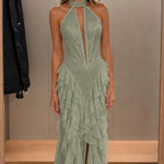 Elegance Halter Neck Beaded Ruffle Maxi Dress