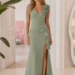Elegant V-Neck Ruffled Slit Evening Gown with Beaded Floral Detail