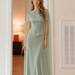 Elegant Mock Neck Corset Cape Evening Maxi Dress