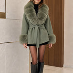 Women's Plush Faux Fur Trim Belted Wool-Look Wrap Coat