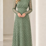 Elegant High Neck Geometric Pattern Long Sleeve Maxi Dress
