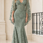 Floral Lace Cape Sleeve Mermaid Evening Gown with Corset Bodice