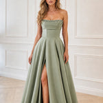 Satin Strapless Sequin Accented Evening Gown