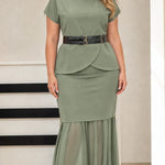 Elegant Belted Peplum Top and Chiffon Hem Mermaid Skirt Set