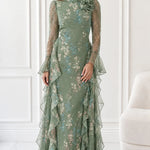 Floral Print Long Sleeve Chiffon Maxi Dress with Cascading Side Ruffles