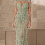 Exquisite Beaded Illusion Feather Evening Gown