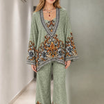 Vintage Baroque Floral Print Tunic Top and Wide Leg Pants Two-Piece Set