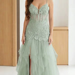 Floral Lace Corset Bodice Tulle Maxi Evening Gown with Slit