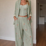 Floral Embroidered 3-Piece Pantsuit Set with Corset Top & Wide-Leg Trousers
