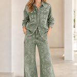 Vintage Paisley Print Denim Shirt and Wide-Leg Pants Set