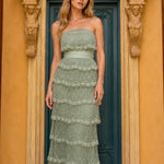 Elegance Tiered Beaded Strapless Maxi Dress