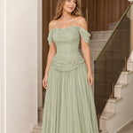 Off-the-Shoulder Beaded Ruched Chiffon Evening Gown