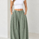 Women's High Waisted Pleated Balloon Pants Plaid Wide Leg Casual Trousers