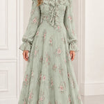 Floral Print Ruffled High-Neck Maxi Dress with Long Sleeves and Pearl Trim