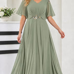 Elegant V-Neck Flutter Sleeve Chiffon Maxi Evening Dress with Embellished Waist