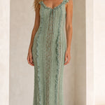 Women's Ruffled Lace Trim Maxi Dress with Lace-Up Back