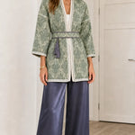Women's Elegant Jacquard Belted Kimono Cardigan with Tassel Tie