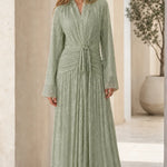 Elegant Pleated Shimmer Long Sleeve Maxi Dress with Waist Tie