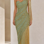 One-Shoulder Beaded Fringe Evening Gown