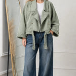Women's Cropped Frayed Hem Denim Moto Jacket with Lapel Collar