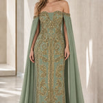 Off-the-Shoulder Embroidered Cape Evening Gown