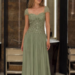 Cap Sleeve Beaded Bodice Pleated Chiffon Evening Gown