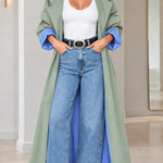 Maxi Contrast Pinstripe Lined Trench Coat with Lapel Collar