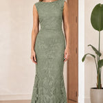 Sleeveless Floral Lace Mermaid Maxi Dress with Boat Neckline