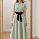 Women's Textured Puff Sleeve A-Line Midi Dress with Velvet Waist Tie