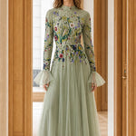 Floral Embroidered High-Neck Tulle Maxi Dress with Tiered Bell Sleeves
