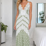 Polka Dot Lace Trim V-Neck Backless Maxi Dress
