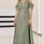 Sequin V-Neck Cold-Shoulder Evening Gown with Draped Satin Train