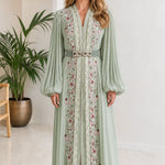 Embroidered Pleated Kaftan Maxi Dress with Embellished Belt