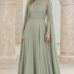 Elegant Beaded High-Neck Chiffon Evening Gown with Cape Sleeves