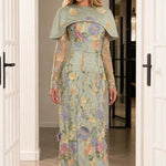 Floral Appliqué Capelet Sheer Sleeve Formal Evening Gown