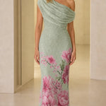 One-Shoulder Draped Sequin Floral Long Evening Gown