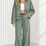 Women's Side Stripe Denim Jacket and Wide Leg Pants Two-Piece Set