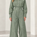 Women's Contrast Stitch Wide-Leg Denim Jumpsuit with Belt