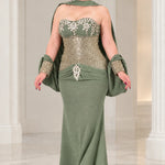 Strapless Sequin Corset Evening Gown with Embellished Cape Shawl